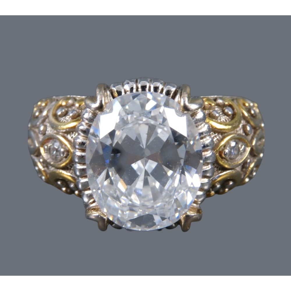 QVC VERRAGIO Sterling Silver w/Gold Accents CLEAR OVAL CZ COCKTAIL RING sz 7.5